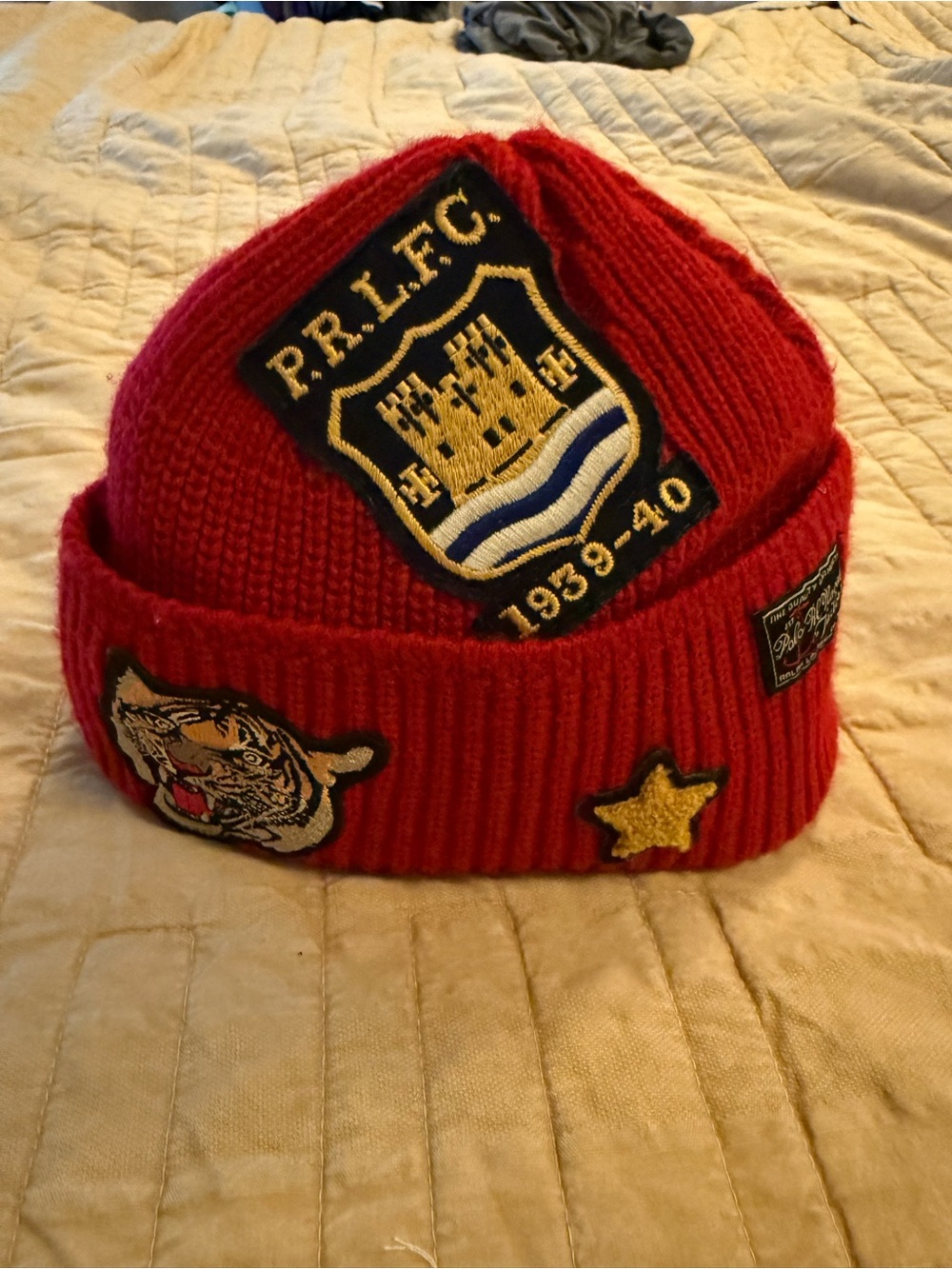 Polo Ralph Lauren RL Naval Tailors Red Beanie with Tiger, Crest & Star Patches - Picture 7 of 7